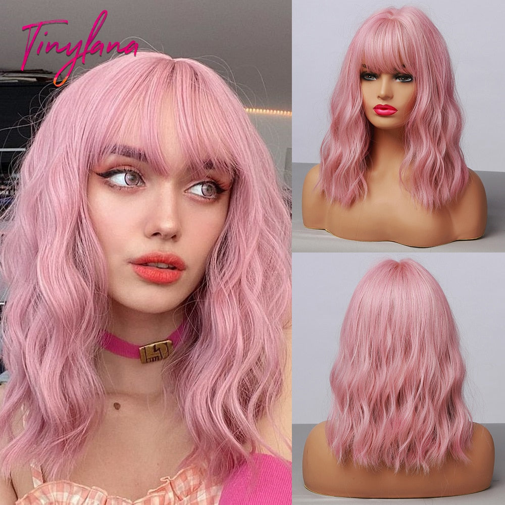 Dark Brown Bob Wavy Wigs With Bangs Medium Length Pink Blue White Synthetic Wig for Black Women Cosplay Party Heat Resistant