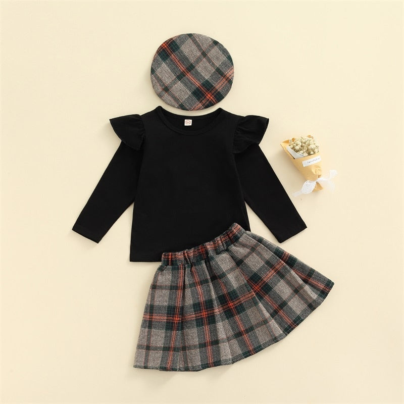Ma&Baby 1-6Y Fashion Toddler Children Kids Girls Clothes Set Ruffles Long Sleeve Top Plaid Skirts Hat Autumn Spring Costumes