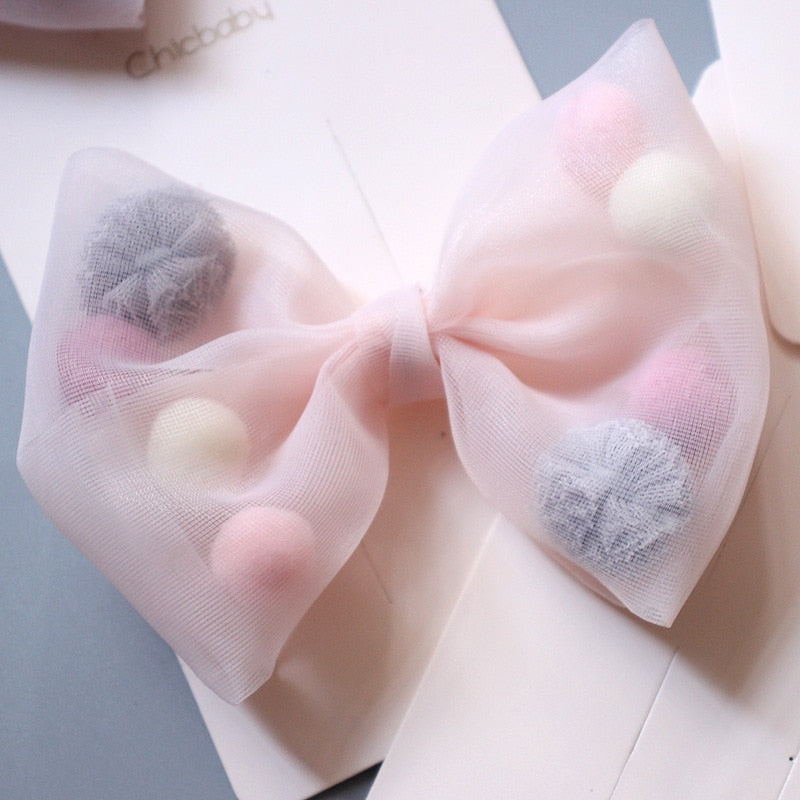 Korean new princess style colorful plush ball net yarn lace bow duck bill clip side clip hair accessories  pink