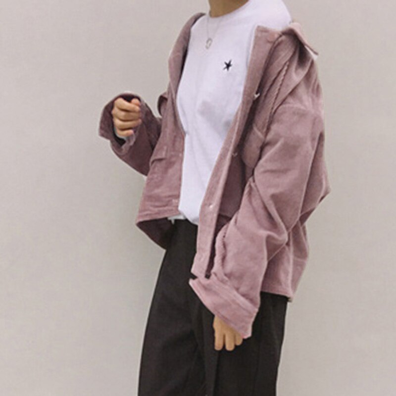 new fall Women baseball Corduroy Jacket Top loose lapel Shirt Coat Casual Vintage Oversize solid color cool short jackets New