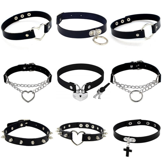 New Gothic Punk Leather Choker Necklace For Women Teens Girls Rivet Heart Cross Collar Necklace Rock Fashion Jewelry Gifts
