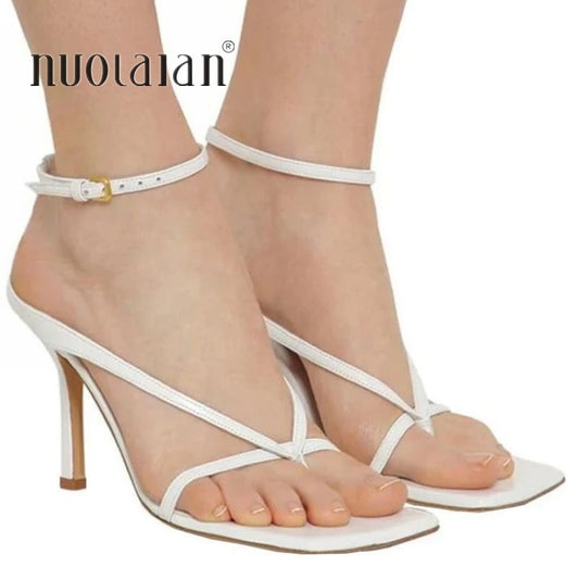 2020 Ankle Strap High Heels Women Sandals Summer Shoes Square Toe 9CM High Heel Party Dress Shoes Narrow Band Sandal New