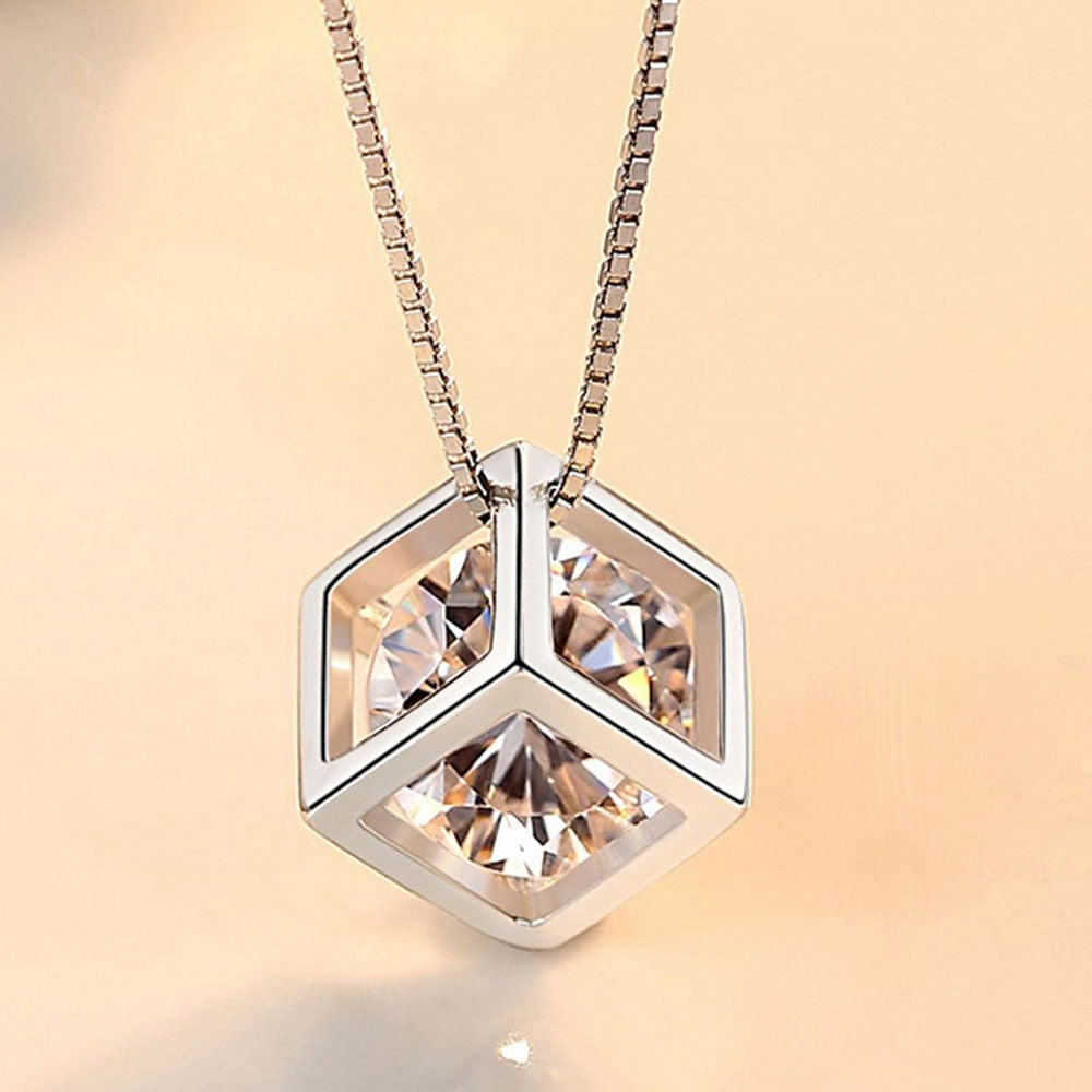 New 925 Sterling Silver Women Necklaces Fashion Love Cube Pendant High Quality Zircon Clavicle Chain Jewelry Length 45CM