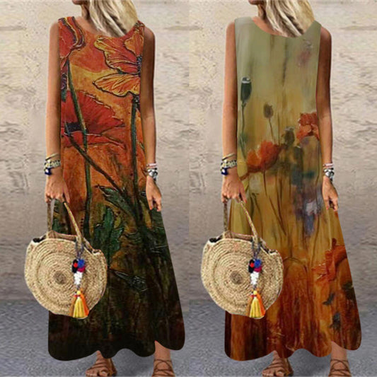 Ladies Sleeveless Boho Long Dress O-neck 2021 Art Printed Dress Women's Clothing Fashion Pullover Maxi Dresses 2021 New Summer