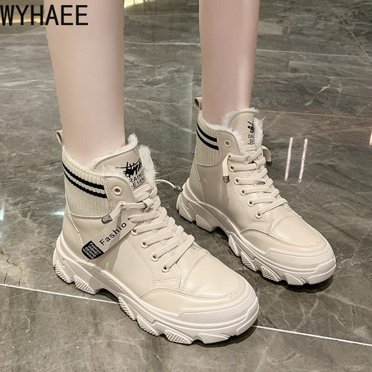 Fashion Thick-soled Sneakers New Women's Warm Plush Winter Boots All-match Women Lace-up Zipper Autumn Fur Ankle Boots Plus Size