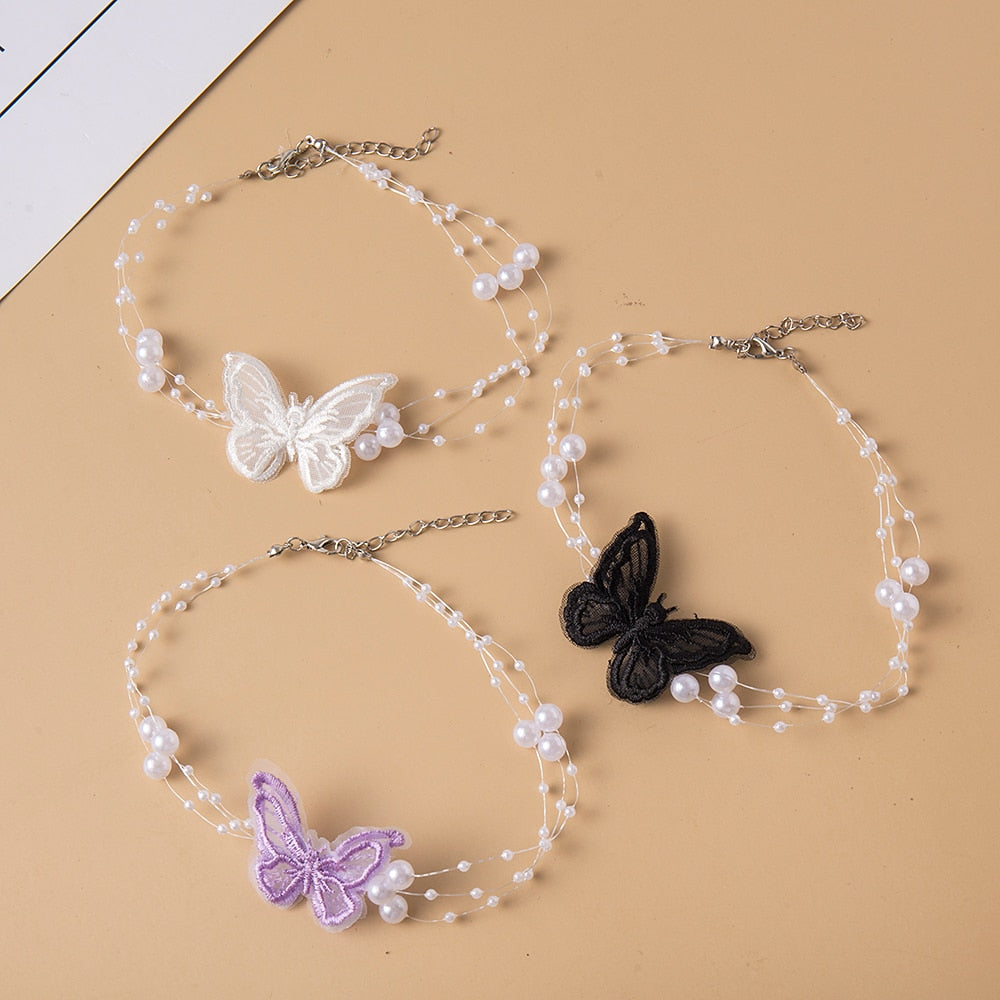 Elegant Multilayer Pearl Choker Necklace Vintage Flower Butterfly Acrylic Chain Necklace For Women Fashion Wedding Jewelry Gift