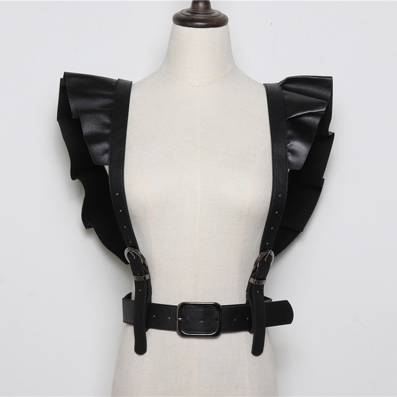 GAMPORL Women Body Bondage Sexy Bra Harness Leather Black Buckle Ruffles Split Joint Wide Belt Waistband Garter Belt Straps Bdsm