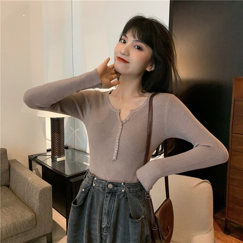 Women Sweater Fashion Full Sleeves Slim Buttons Neck Knitted Pullovers Female Autumn Tops Bottomed Shirt Knitwear Base Sweater