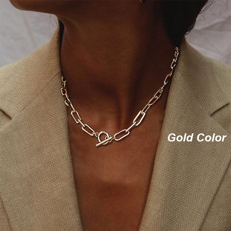 17KM Trendy Gold Thick Chain Necklace for Women Fashion Mixed Linked Circle Necklaces Minimalist Choker Necklace Party Jewelry