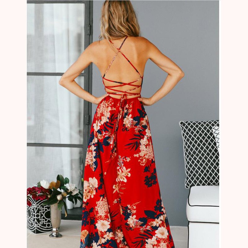 Red Backless Floral Maxi Dress 2020Summer Women Sexy Party Spaghetti Strap Sundress Boho Beach High Weist Chiffon Dress Vestidos