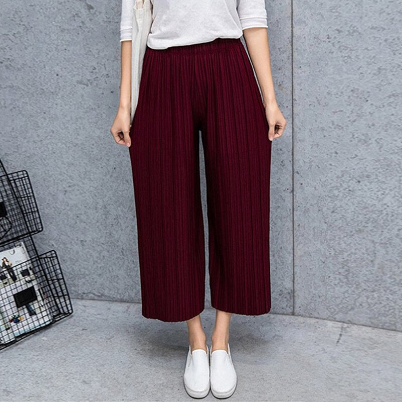 2021 Women Casual Loose Wide Leg Pant Womens Elegant Fashion Preppy Style Trousers Female Solid Color Female Fold Pleated  Pants