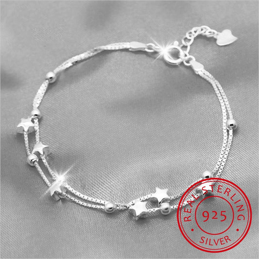 100% 925 Solid Real Sterling Silver Fashion Double Layer Star Beads Bracelet 17cm For Women Girl Silver Jewelry DS1211