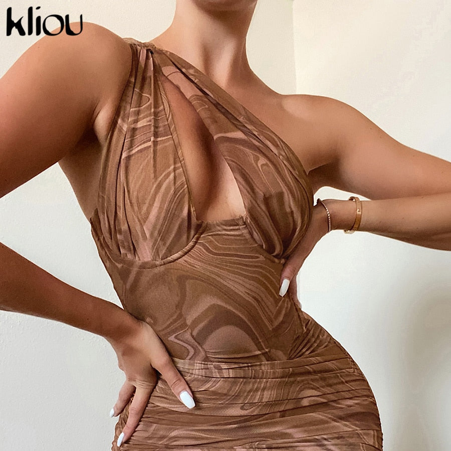Kliou Ruched Mini Dress Cleavage Skinny Inclined shoulder Backless stunning Midnight Women Streetwear Sexy Party Clubwear