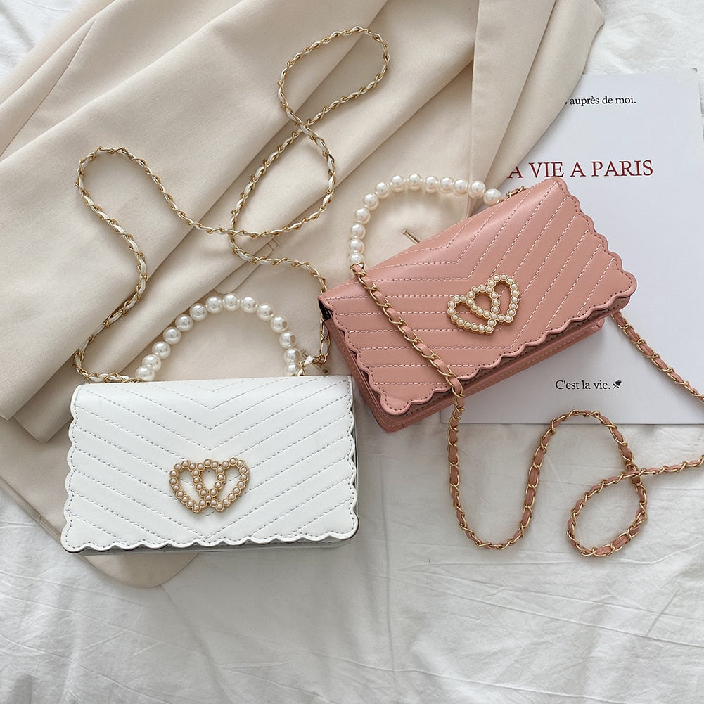 Fashion Pearl Handle Messenger Bag Women PU Leather Elegant Love Heart Small Square Shoulder Crossbody Handbag For Women 2021