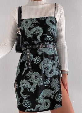 Women's Dragon Pattern Print Sling Dress Summer Fashion Wild Sleeveless Split Midi Sling  Dress
