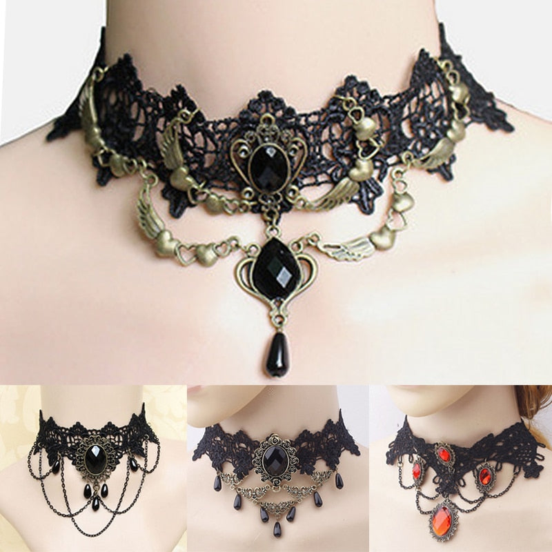 Crystal Black Red Lace Neck Rhinestone Collares Sexy Gothic Chokers  Necklace For Women Vintage Jewelry Chocker Accessories