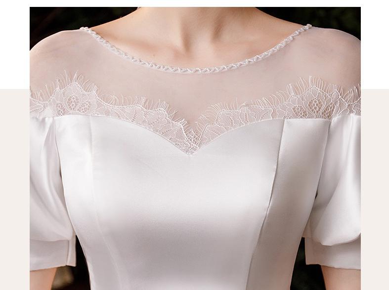 2021 New Pure White Luxury Satin Wedding Dress With Sweep Train Simple O Neck Short Sleeve Custom Made Slim Bridal Dress