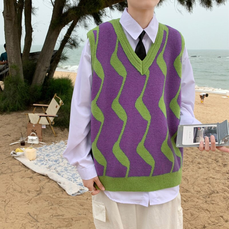 Sleeveless Sweater Vest Women Striped Patchwork Retro V-neck Spring Autumn Ins Chic Purple Outwear Students Knitwear Ulzzang New