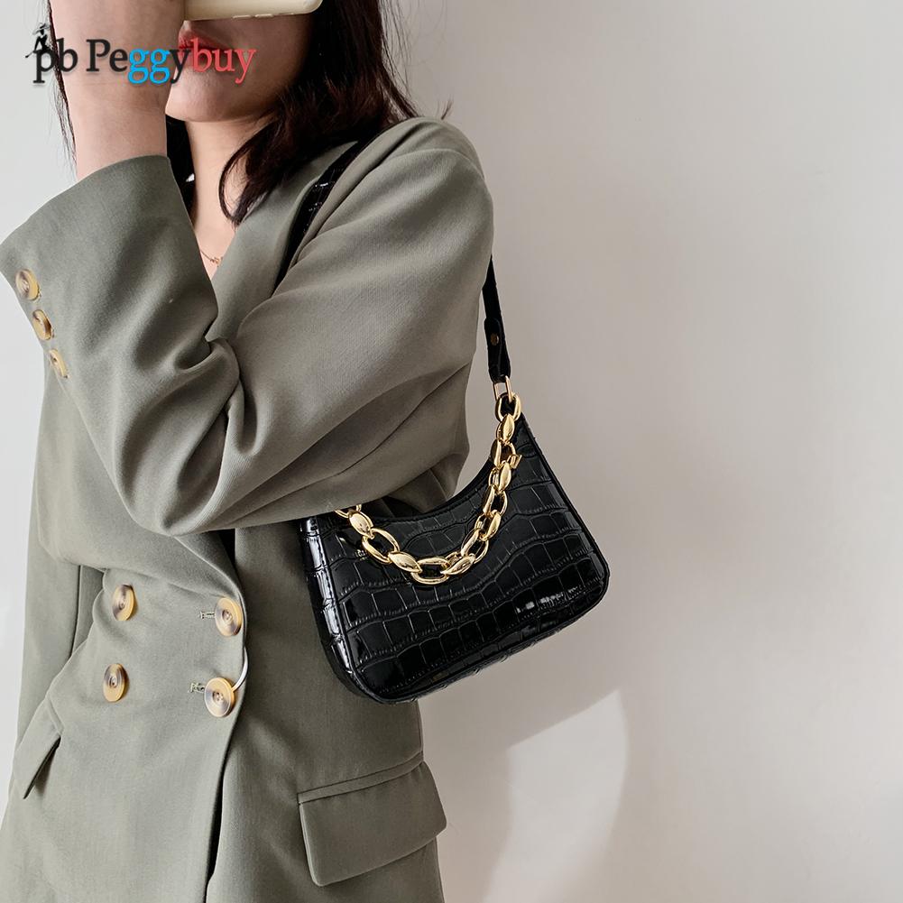 Women Shoulder Bags PU Leather Underarm Bag with Chain Tote Ladies Fashion Solid Designed Handbags for Shopping