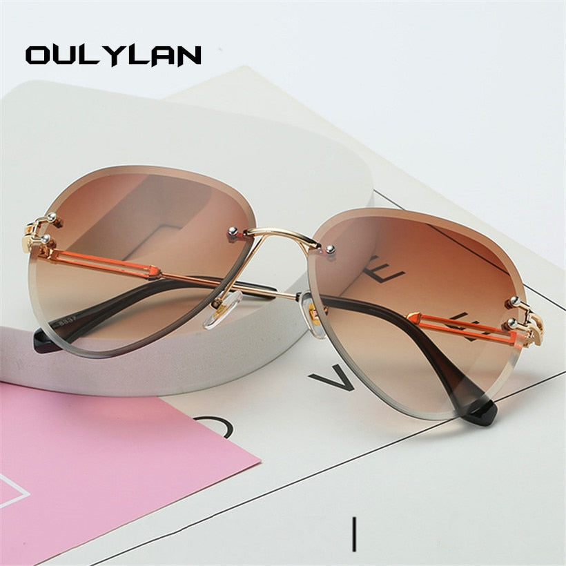 Oulylan Rimless Sunglasses Women Brand Designer Sun Glasses Gradient Shades Cutting Lens Ladies Frameless Metal Eyeglasses UV400