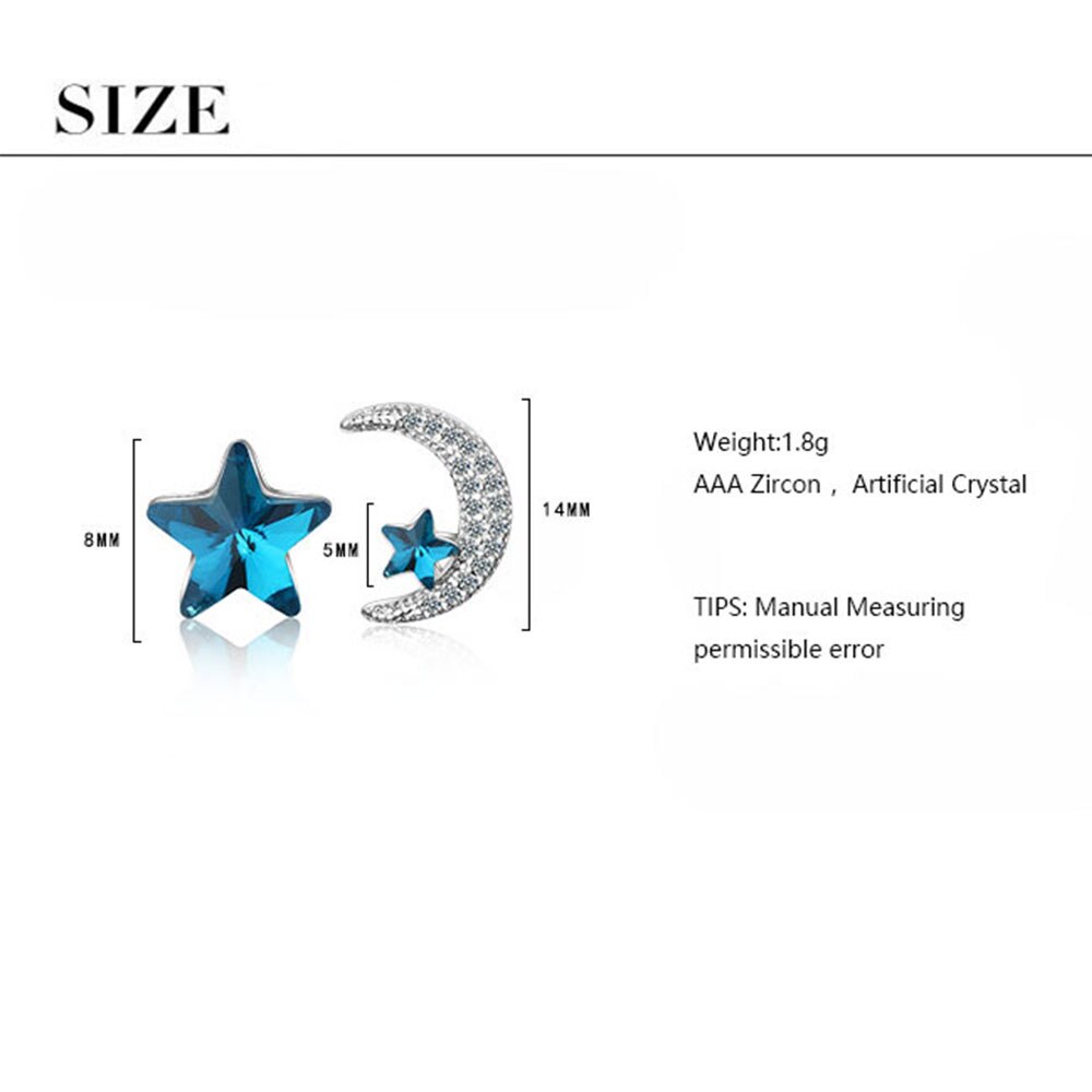 ANENJERY 925 Sterling Silver Asymmetrical Blue Star Moon Earrings Zircon Crystal Earrings For Women S-E134