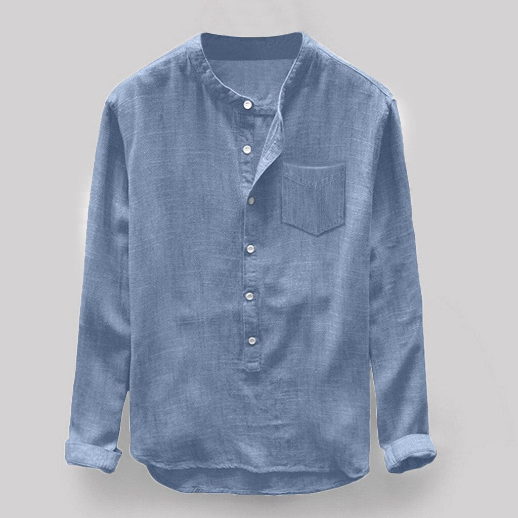 Men Casual Shirt Stand Collar Long Sleeve Tops Pullover Leisure Button Japanese Men Basic Shirts Camisa Harajuku