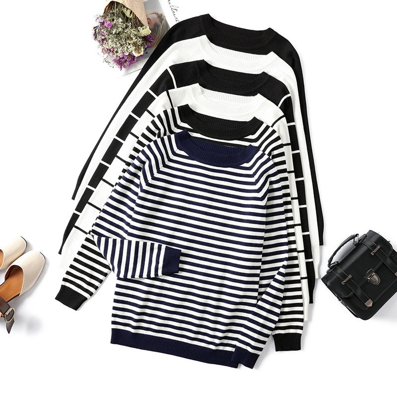 2021 Autumn Winter Long Sleeve Striped Pullover Women Sweater Knitted Sweaters O-Neck Tops Korean Pull Femme Jumper Female White