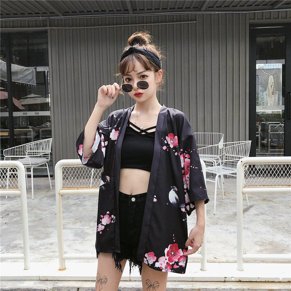 #5307 Summer Vintage Japanese Kimono Jacket Women Printed Black White Thin Sunscreen Chiffon Cardigan Kimono Wrap Coat Women