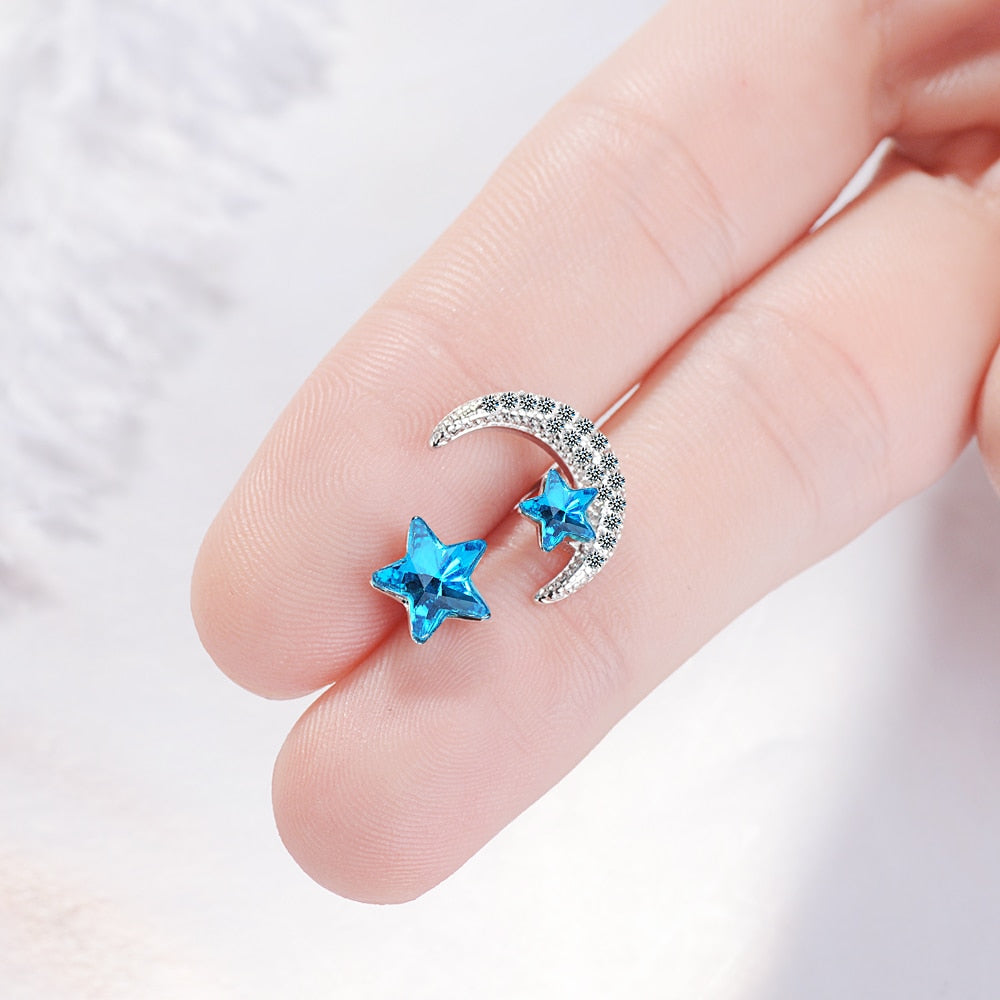 ANENJERY 925 Sterling Silver Asymmetrical Blue Star Moon Earrings Zircon Crystal Earrings For Women S-E134