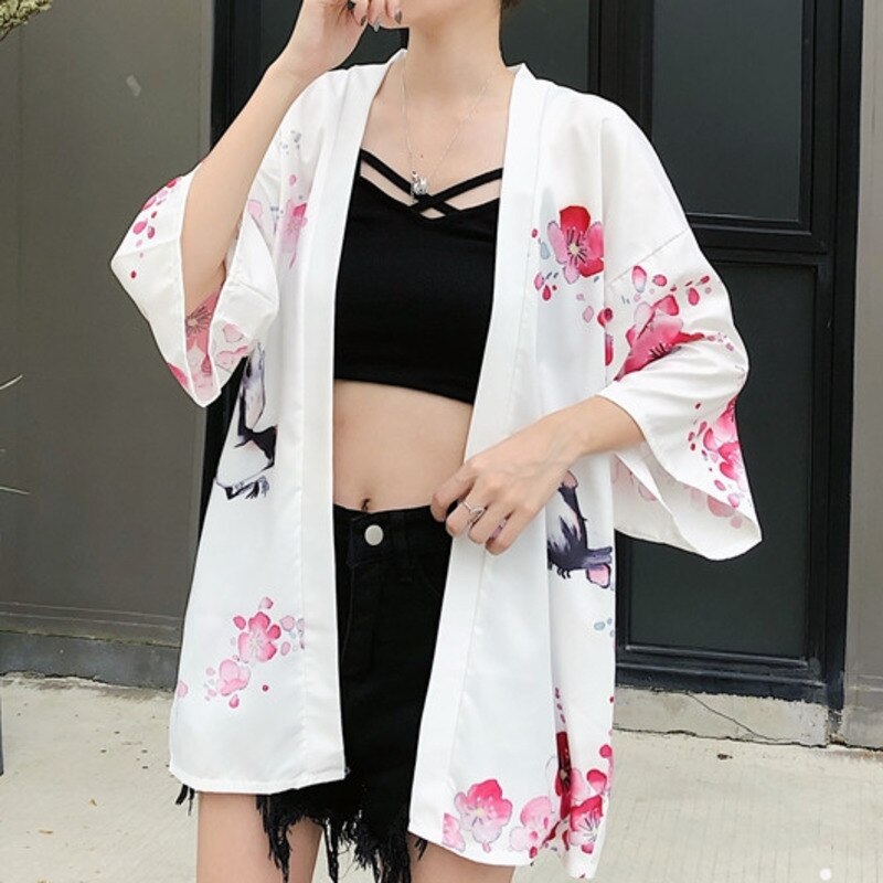 #5307 Summer Vintage Japanese Kimono Jacket Women Printed Black White Thin Sunscreen Chiffon Cardigan Kimono Wrap Coat Women