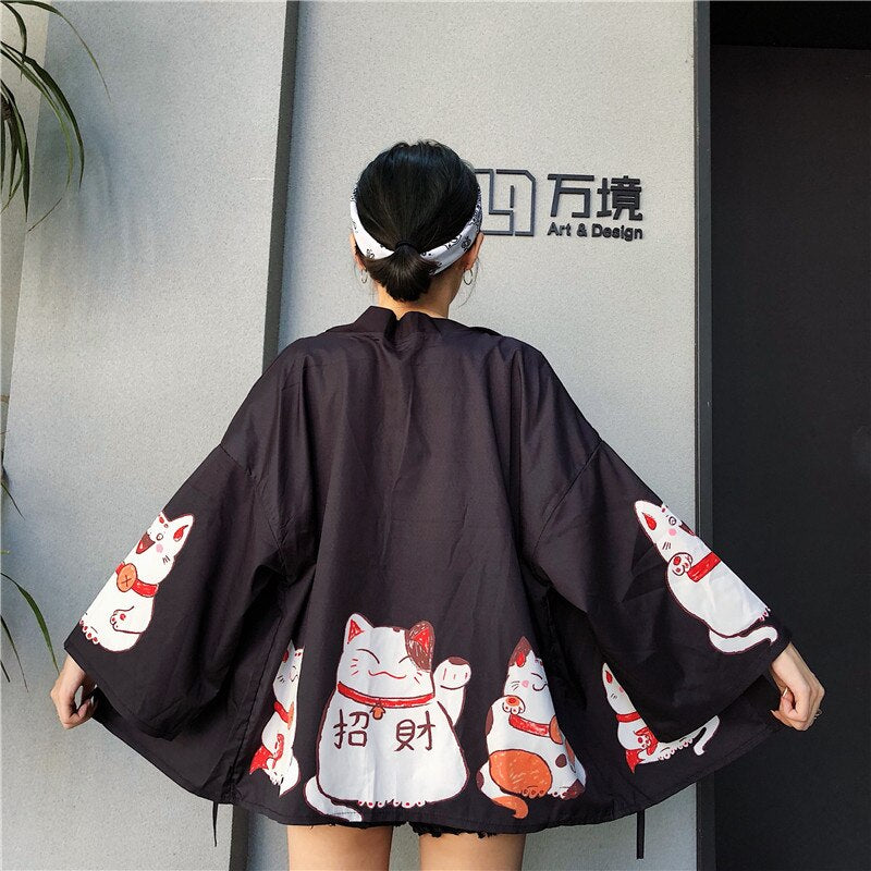 #5305 Summer Sunscreen Cardigan Kimono Wrap Coat Women Loose Vintage Lucky Cats Kimono Coat Femme Harajuku Outerwear Black Pink