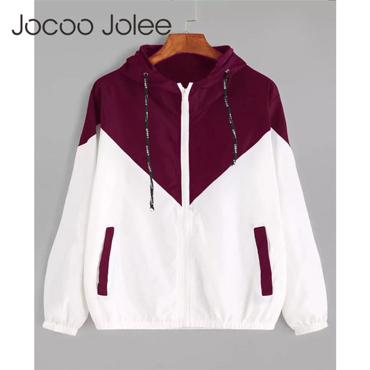 Jocoo Jolee Spring Autumn Fashion Hooded Two Tone Windbreaker Jacket Zipper Pockets Casual Long Sleeves Feminino Coats Outwear