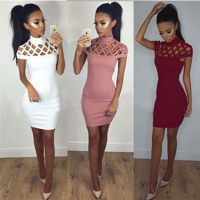 New Fashion Womens Sexy Hollow Out High Neck Dress Ladies Bodycon Slim Short Sleeve Evening Party Pencil Mini Dress