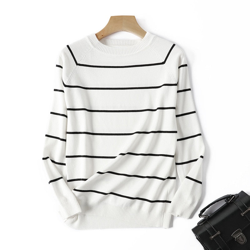 2021 Autumn Winter Long Sleeve Striped Pullover Women Sweater Knitted Sweaters O-Neck Tops Korean Pull Femme Jumper Female White