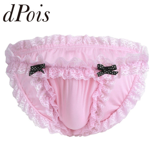 Men Maid Lingerie Floral Ruffle Lace Underpants Jockstraps Low-rise Panties Homme Underwear Soft Bikini Briefs