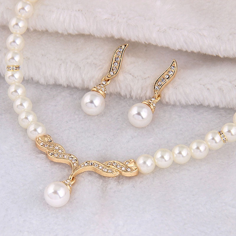 Fatpig Creative Gold Color Necklace 1Pair Earrings Wedding Bridal Pearl Jewelry Set For Women Lady Female Hot Sale