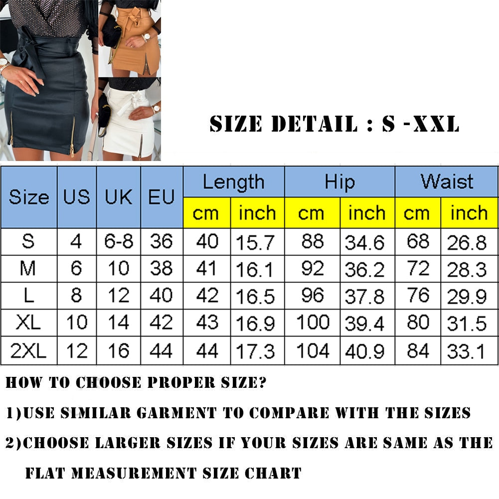 Women Sexy Black PU Leather Pencil Bodycon Skirt Clubwear Double Zipper High Waist Mini Short Skirt Belt Skirt