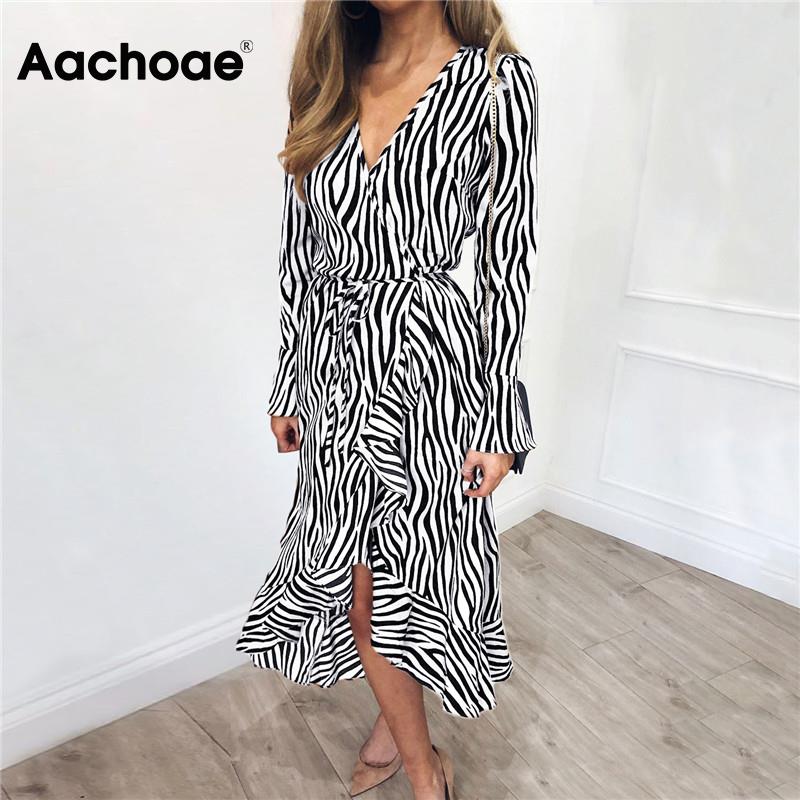 Aachoae Long Dresses 2021 Women Zebra Print Beach Bohemian Maxi Dress Casual Long Sleeve V Neck Ruffles Party Dress Vestidos