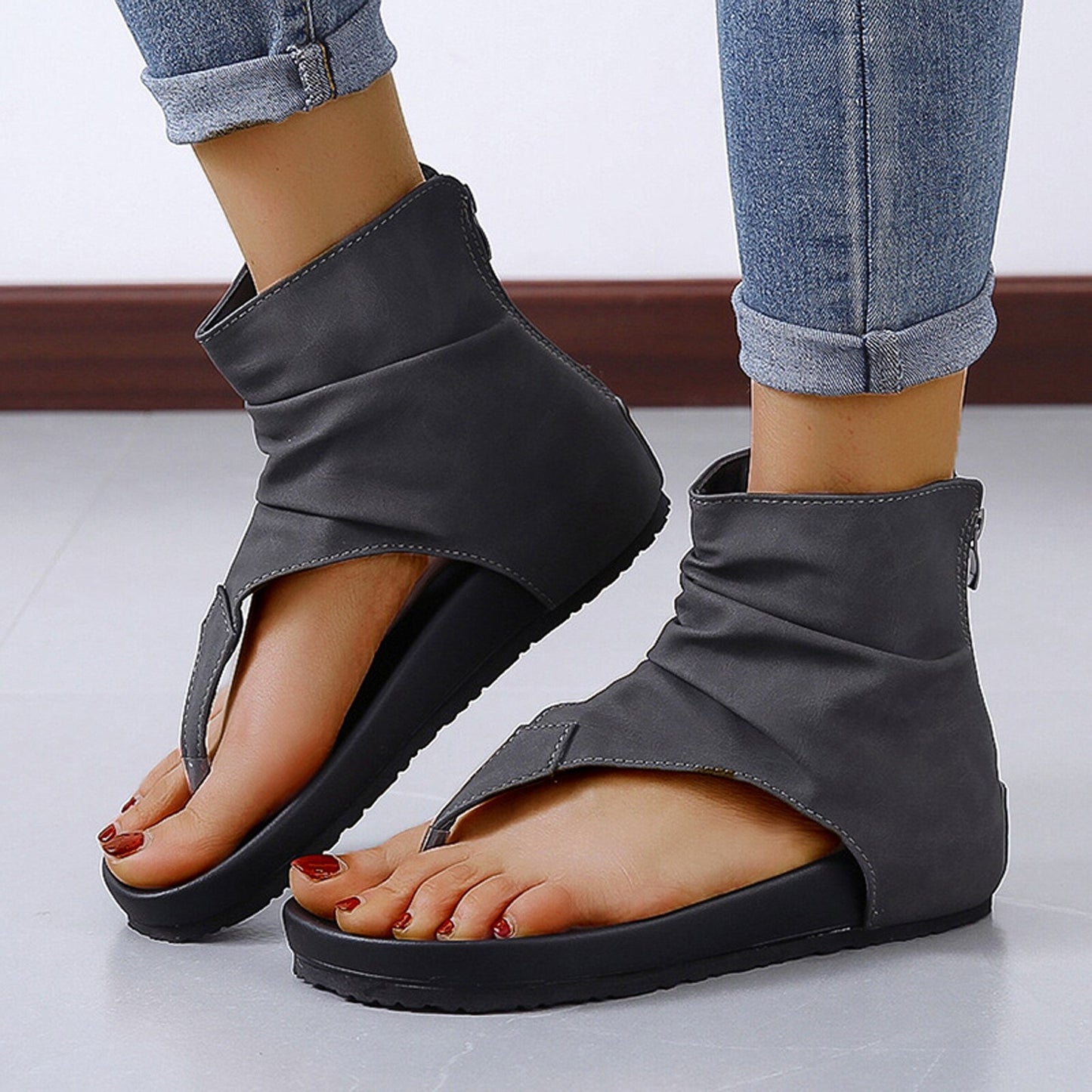 Summer Flat Women Sandals Suede Open Toe Ladies Beach Sandals Roman Zipper Female Shoes Big Size Flip Casual Beach Sandals 2021