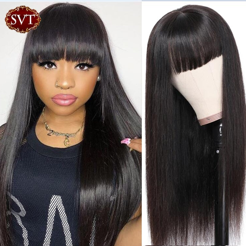 SVT Indian Straight Wig With Bangs Natural Color Remy  Human Hair Wigs  100% Machine Made Wig For Black Women