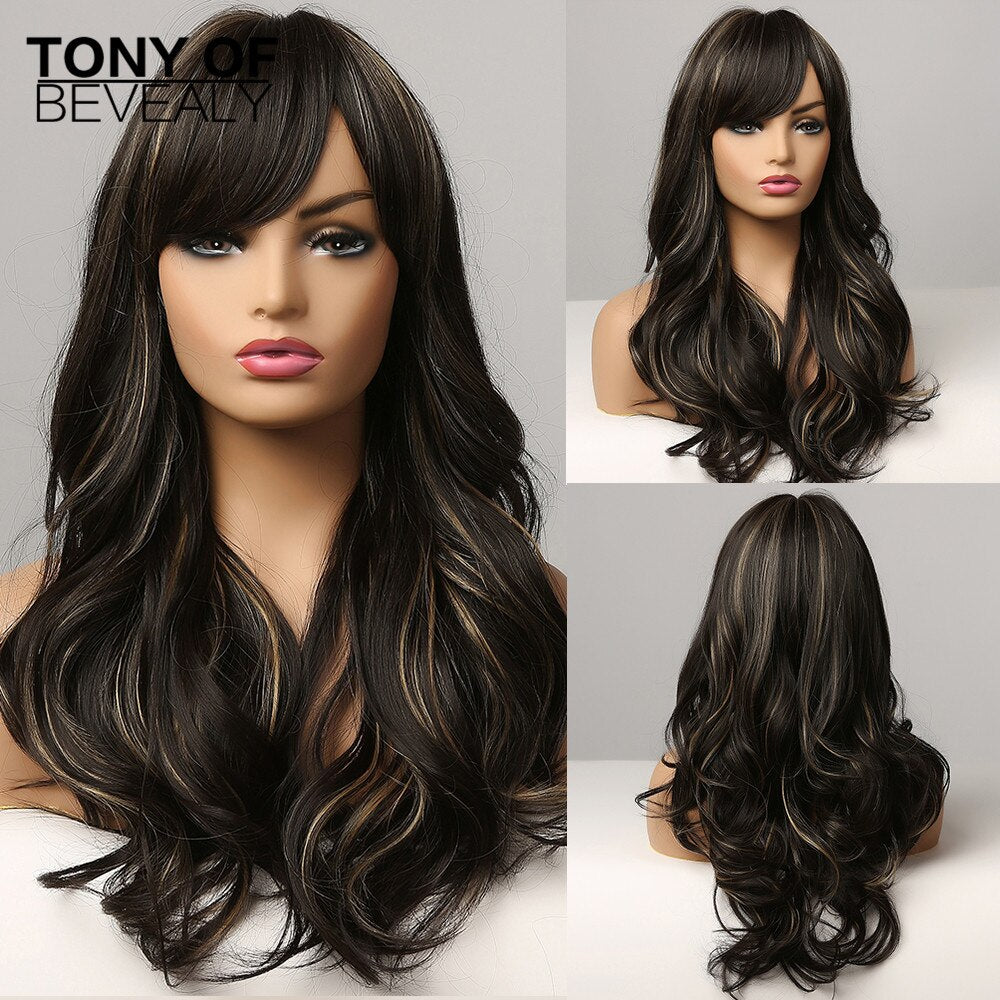 Long Brown With Golden Highlight Wig Natural Wavy Womens Synthetic Wig With Bangs Heat Resistant Cosplay Hair for Women Afro