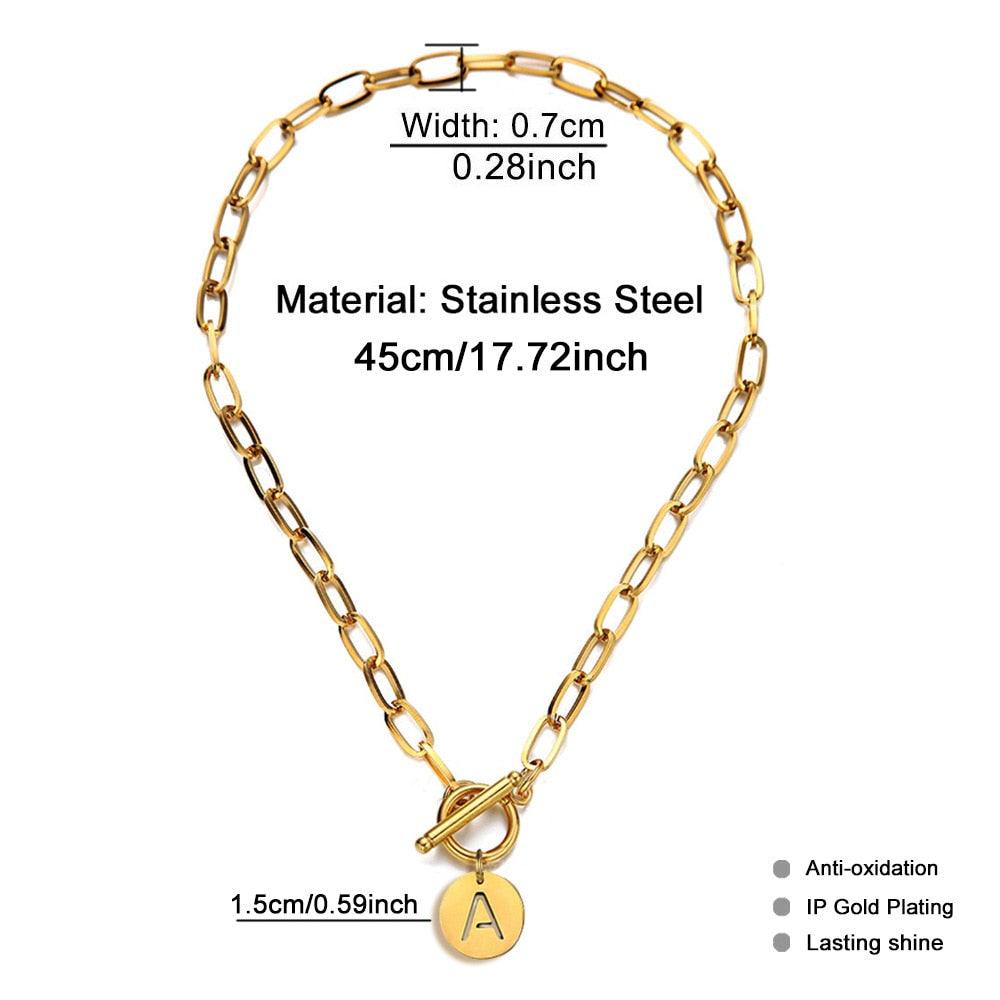 Stainless Steel Letter Initial Alphabet Toggle Necklace For Women Gold Color Metal Letter A-Z Initial Pendant Choker Chain