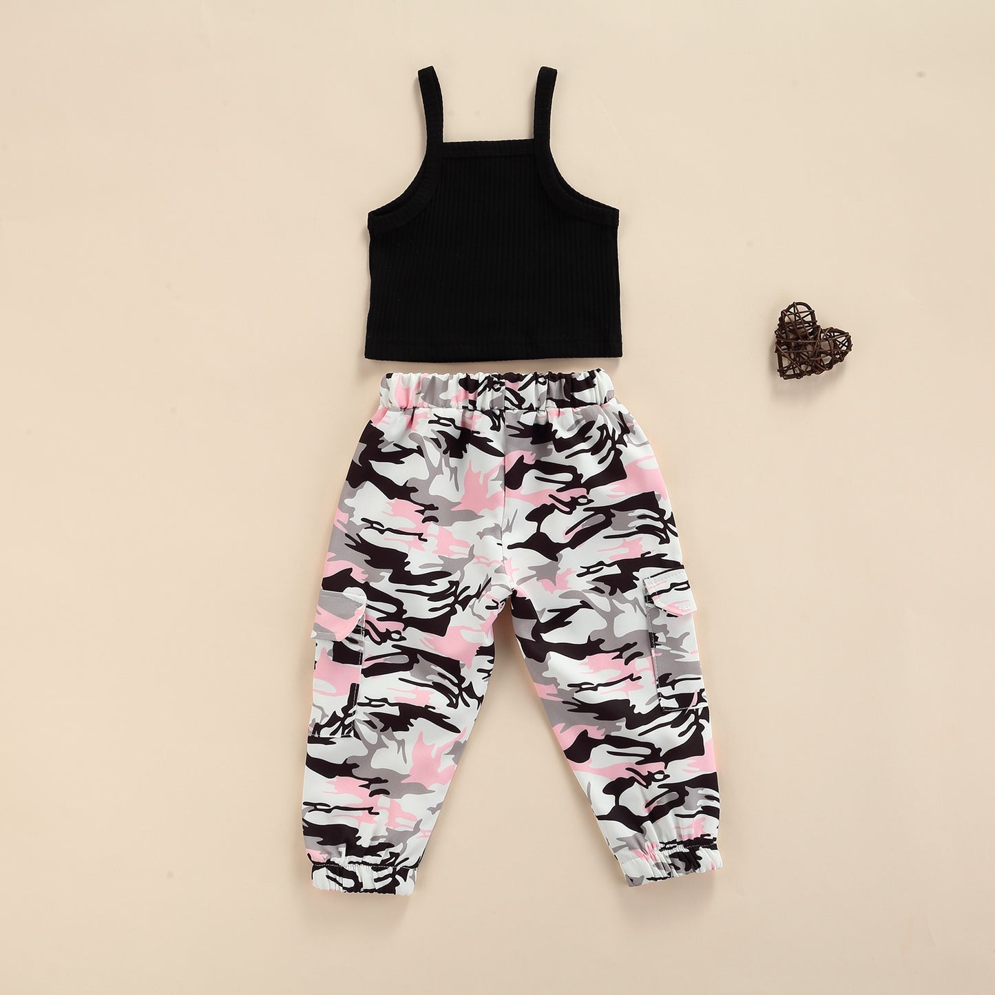 FOCUSNORM 1-7Y Summer Fashion Girls Clothes Sets 2pcs Sleeveless Solid Vest Tops Camouflage Printed Long Pants