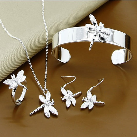 New Style 925 Sterling Silver AAA Zircon Dragonfly Necklace Earrings Ring Bracelet Set For Female Engagement Party Wedding Fashi