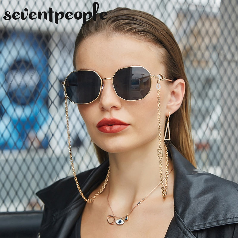 Fashion Metal Irregular Sunglasses With Chain Women 2021 Luxury Brand Channel Trendy Square Sun Glasses For Female Chic Eyewear