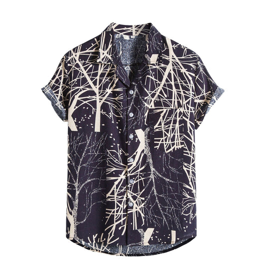 Mens Printed Cotton Linen Tee Shirt Mens Casual Short Sleeve Hawaiian Tops Male Vintage Buttons V-Neck Holiday Shirt Tops 2021