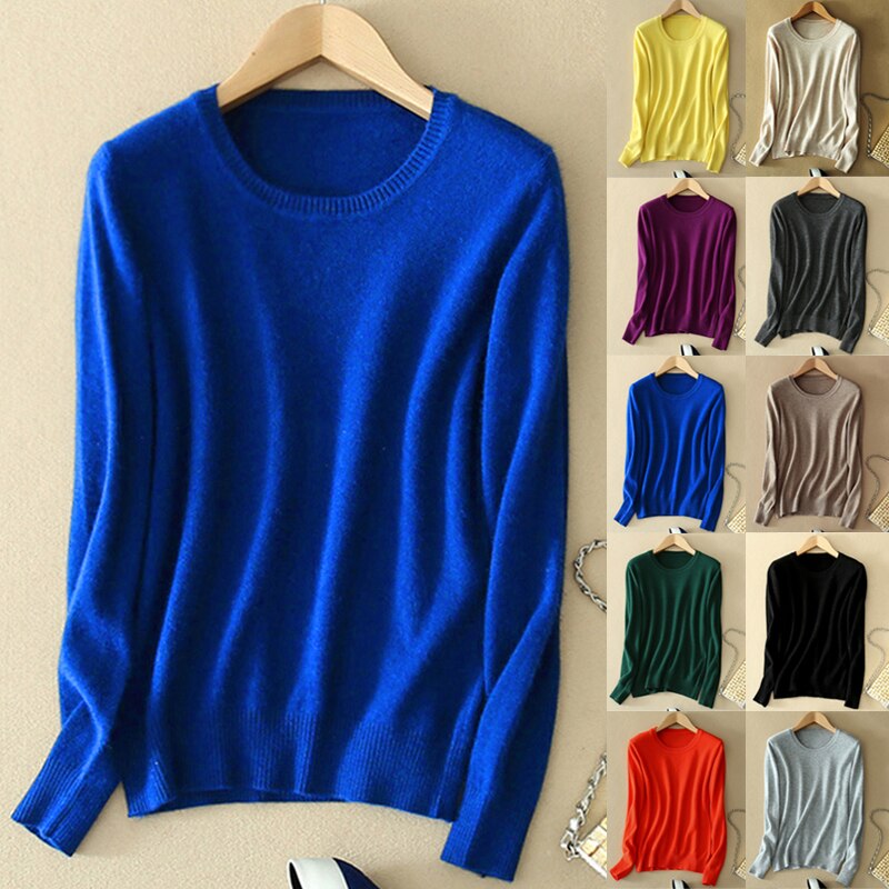 Women Wool Cashmere Sweater Round Neck Knit Pullover Solid Color Sweater Spring Winter Casual Long Sleeve Tops Knitwear Fashion