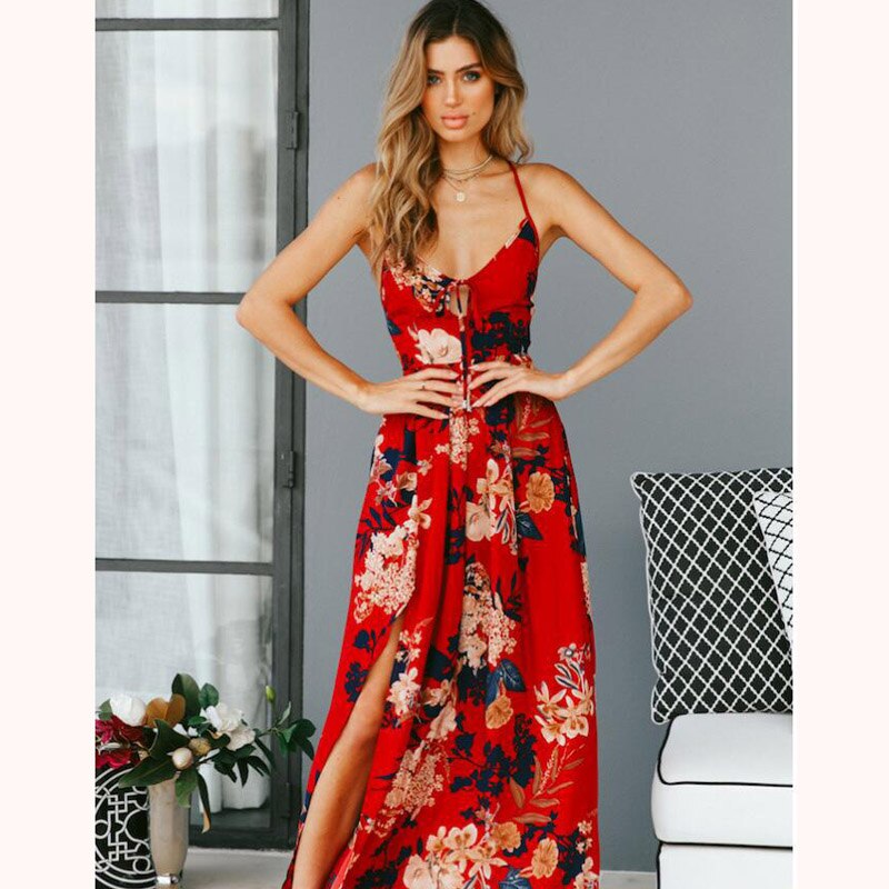 Red Backless Floral Maxi Dress 2020Summer Women Sexy Party Spaghetti Strap Sundress Boho Beach High Weist Chiffon Dress Vestidos