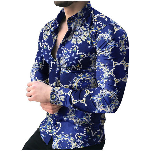 2021 European Style Shirts Men's Vintage Clothing Casual Printed Cardigan Autumn Social Long sleeve Blouses Streetwear Chemise