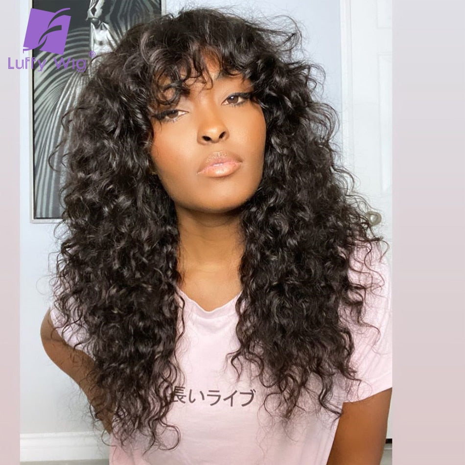 Curly Human Hair Wigs With Bangs Brazilian Remy Hair Machine Made Scalp Top Wig 200Density Glueless For Black Women LUFFY